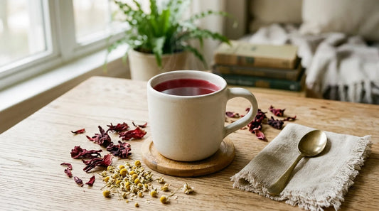 A white ceramic mug of deep ruby herbal tea on an oak desk with dried hibiscus petals and chamomile flowers in warm afternoon light