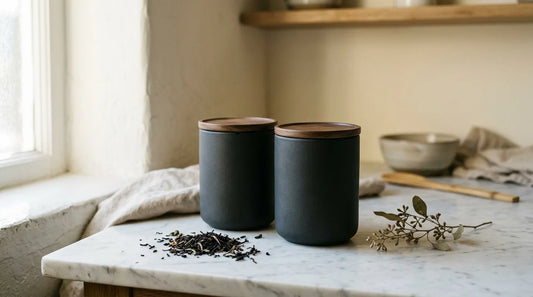 Two dark airtight ceramic tea canisters with sealed lids on a marble surface beside loose-leaf tea for summer storage