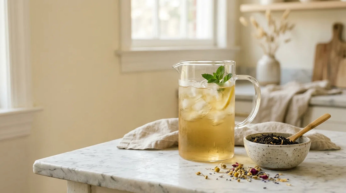 Glass pitcher of pale gold iced Darjeeling tea on a marble surface with loose-leaf tea and dried flower petals