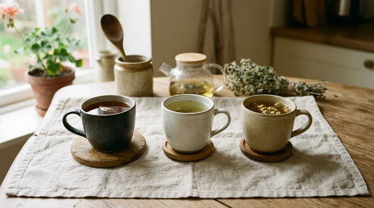 Three ceramic mugs of morning black tea, afternoon green tea, and evening chamomile arranged on a linen cloth for a daily tea routine