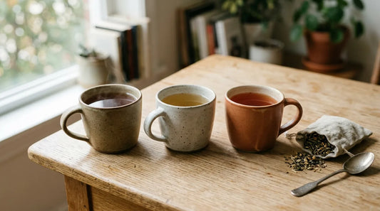 Three ceramic mugs with different teas arranged on a wooden desk representing a back-to-work tea routine