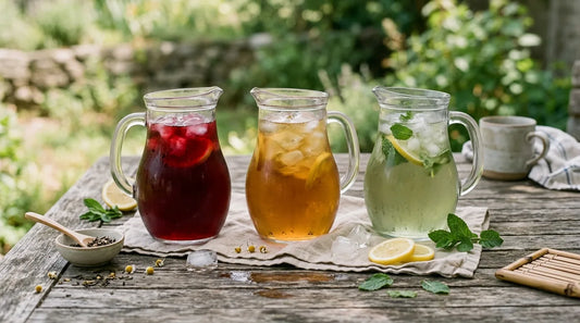 Three glass pitchers of jewel-toned iced teas — ruby, amber, and pale green — on a wooden outdoor table with lemon slices, ice cubes, and fresh mint sprigs