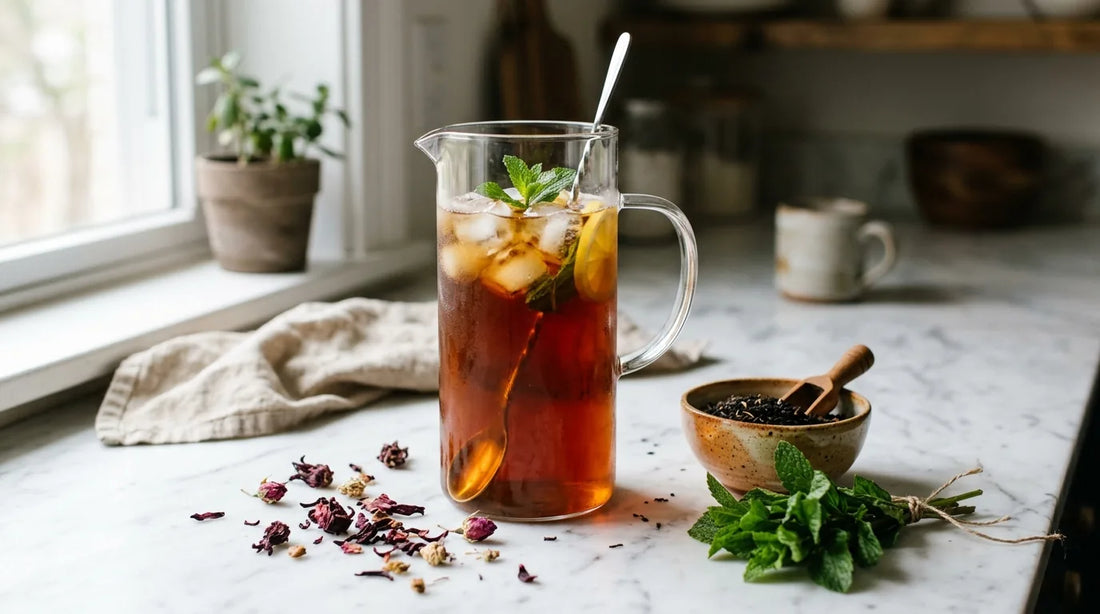 Glass pitcher of batch brewed iced tea on a marble countertop with dried hibiscus flowers and loose leaf black tea
