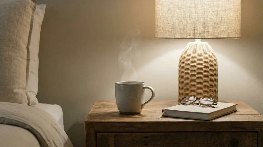 A minimal hero image of a steaming mug of tea and a journal on a nightstand under warm lamp light, representing a calming bedtime ritual.