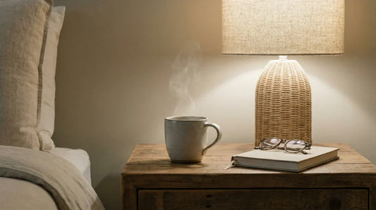A minimal hero image of a steaming mug of tea and a journal on a nightstand under warm lamp light, representing a calming bedtime ritual.