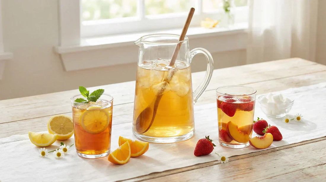 A bright spring table setting featuring a clear pitcher of iced tea and two glasses of different iced tea styles with fresh fruit.