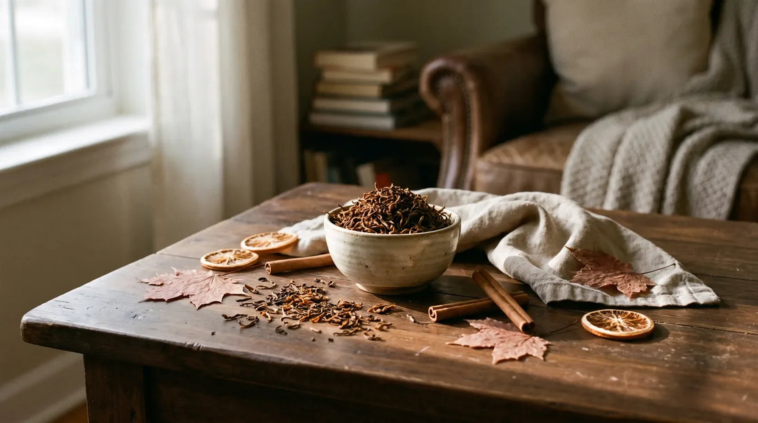 Loose-leaf Darjeeling tea in an unbranded ceramic bowl surrounded by dried autumn botanicals on a dark walnut surface