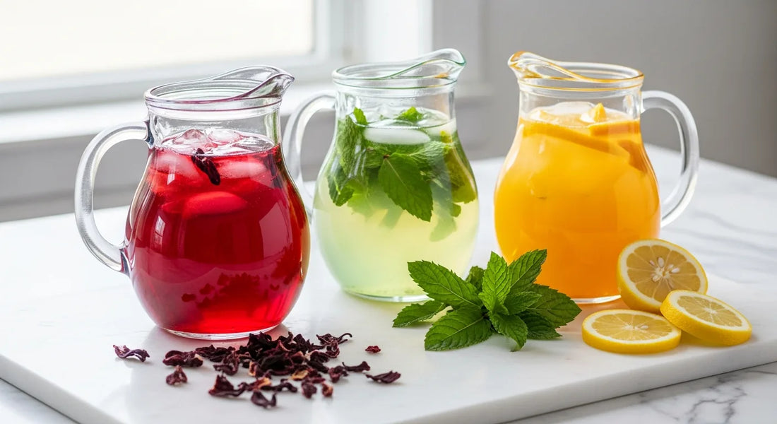 Best herbal iced tea for May — three glass pitchers of hibiscus, mint, and peach blends on a marble surface with dried flowers and citrus slices