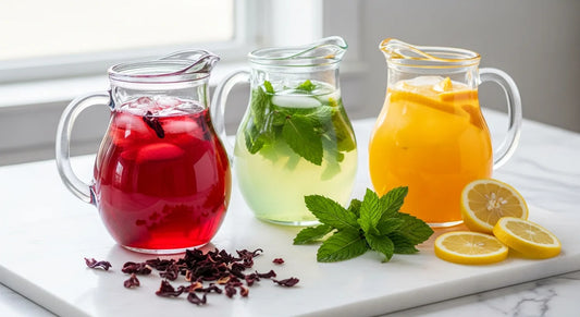 Best herbal iced tea for May — three glass pitchers of hibiscus, mint, and peach blends on a marble surface with dried flowers and citrus slices