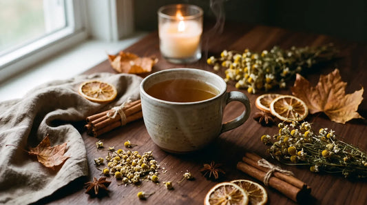 Ceramic mug of golden herbal tea on a walnut surface surrounded by dried chamomile, cinnamon sticks, star anise, and autumn leaves for fall comfort