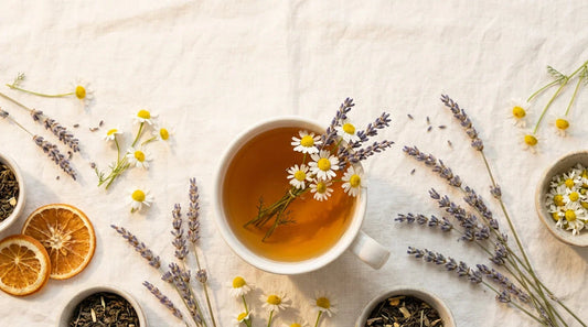 soothing chamomile and lavender herbal tea flat lay, premium minimalist tea branding