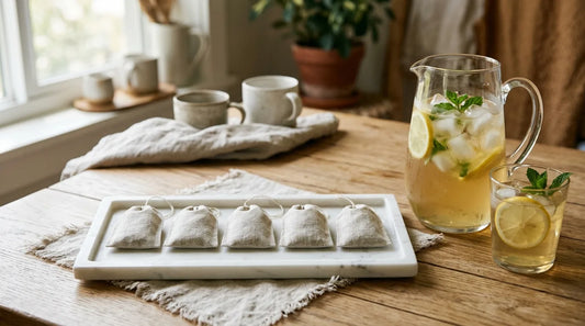 Five tea sachets arranged on a marble tray beside a glass pitcher of golden iced tea with lemon slices and mint