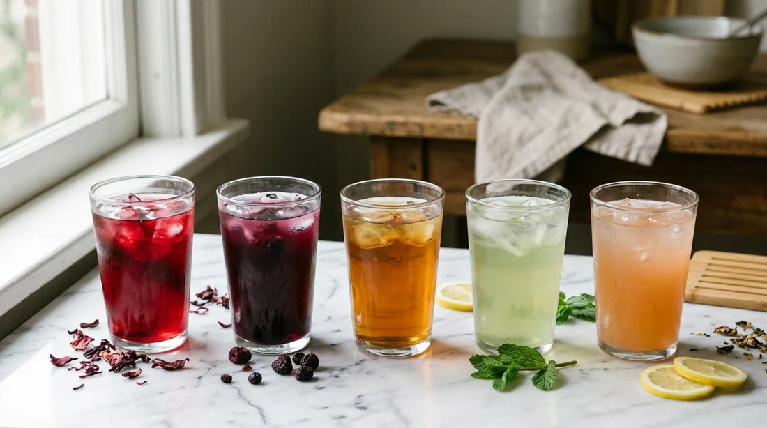Five colorful iced tea blends in glass tumblers on a marble surface with hibiscus flowers, mint, and lemon