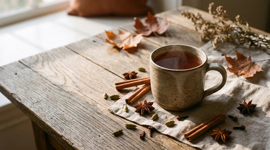 Ceramic mug of spiced chai tea on an oak surface surrounded by cinnamon sticks, cardamom pods, star anise, and cloves in warm autumn light