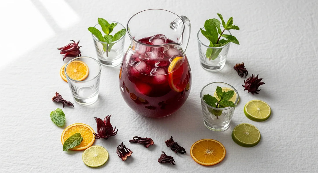Clear glass pitcher of ruby hibiscus iced tea on a white linen table with glass tumblers, dried hibiscus flowers, and citrus slices