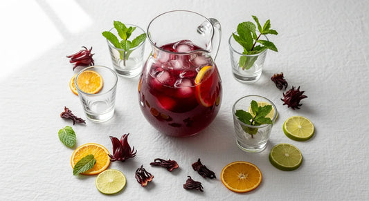 Clear glass pitcher of ruby hibiscus iced tea on a white linen table with glass tumblers, dried hibiscus flowers, and citrus slices