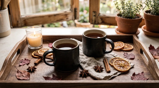 Two dark ceramic mugs of warm amber herbal tea on a walnut tray with cinnamon sticks, dried orange slices, and autumn leaves in candlelight