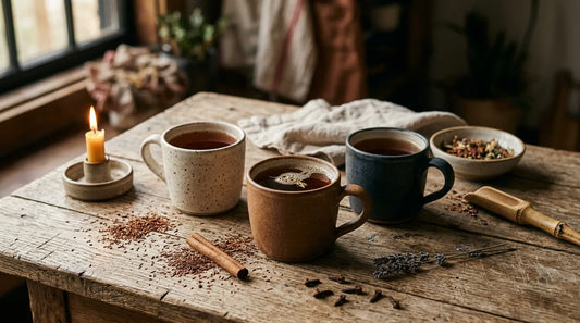 Three ceramic mugs of warm herbal tea on an oak surface with rooibos leaves, cinnamon, cloves, and dried lavender for a cool August evening