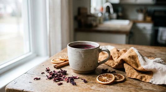 Ceramic mug of deep ruby herbal tea surrounded by dried hibiscus petals, a cinnamon stick, and dried orange slices on a weathered oak table in warm morning light