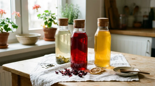 Three glass bottles of hibiscus, green, and lemongrass citrus iced tea arranged on a white linen towel with dried hibiscus petals and lemon