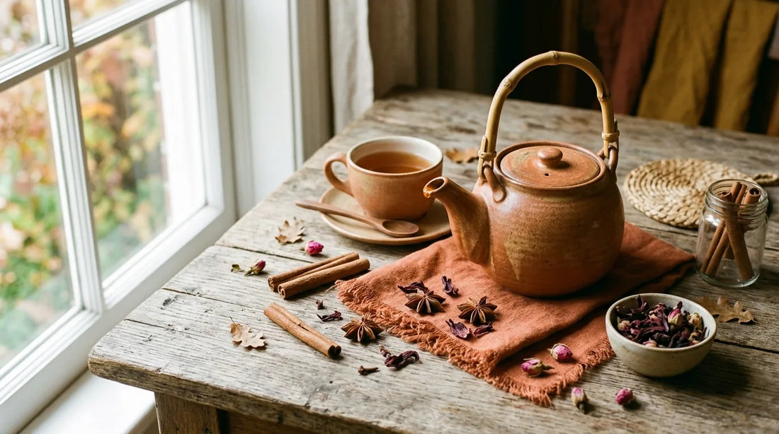 Ceramic teapot with amber brew surrounded by cinnamon sticks, star anise, and dried hibiscus petals on an oak table in fall tones