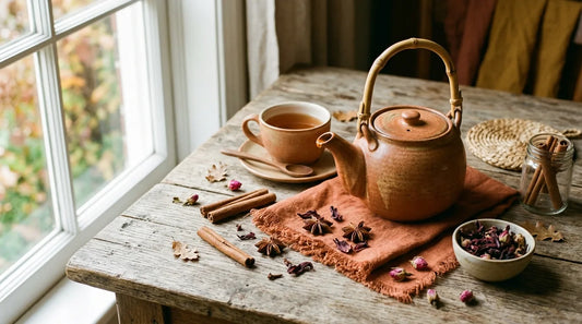 Ceramic teapot with amber brew surrounded by cinnamon sticks, star anise, and dried hibiscus petals on an oak table in fall tones