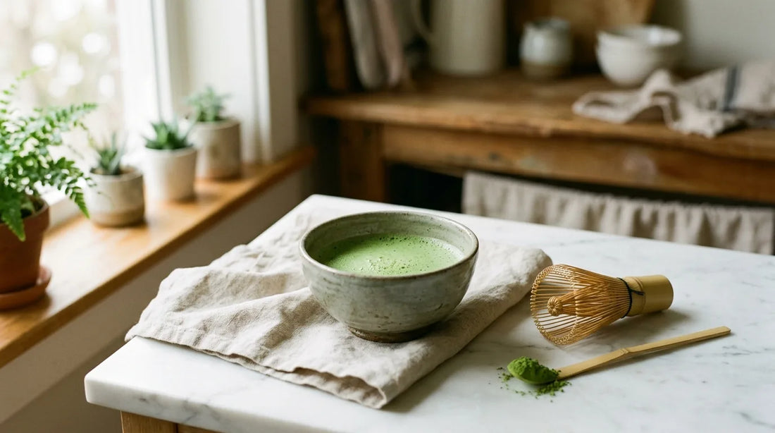 Ceramic matcha bowl with frothy green matcha beside a bamboo whisk on a white marble surface — best tea for focused mornings