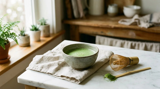 Ceramic matcha bowl with frothy green matcha beside a bamboo whisk on a white marble surface — best tea for focused mornings