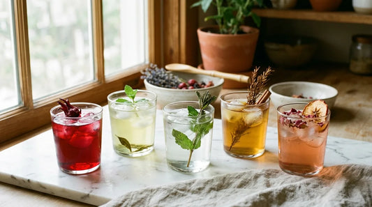Five glasses of late summer iced teas on marble — hibiscus, iced green tea, peppermint, rooibos, and peach herbal blend