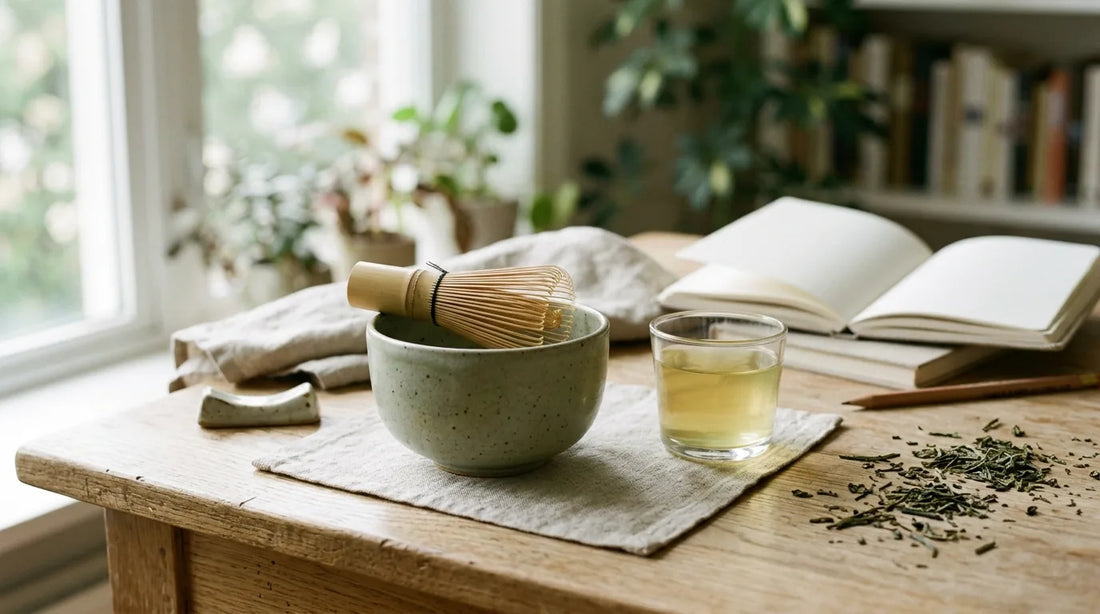 Matcha bowl with bamboo whisk and green tea glass on a study desk with open notebooks for studying