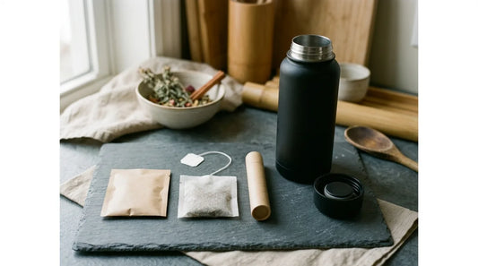 Three travel tea formats—an unbranded sachet, a cold-brew bag, and an instant tea tube—arranged beside a matte black wide-mouth travel bottle on a slate gray surface