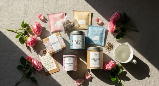 Curated Mother's Day tea gift set with floral packaging, pink roses, and a white ceramic teacup on a linen surface