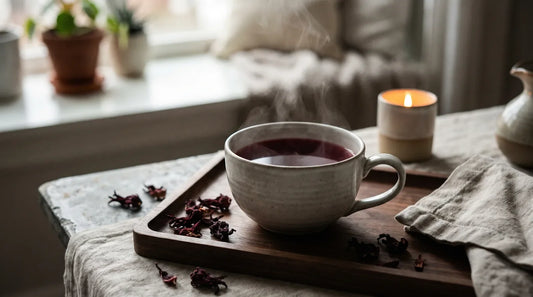 Best tea for movie nights — deep ruby herbal tea in a ceramic mug on a walnut tray with dried hibiscus and candlelight
