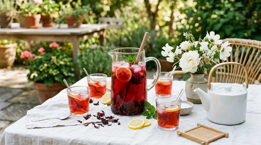 Glass pitcher of iced hibiscus tea on a white linen outdoor brunch table with tumblers, a ceramic teapot, and fresh garden flowers