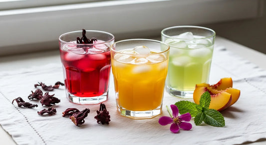 Three glasses of iced tea for warm afternoons in ruby hibiscus, golden peach, and pale green tones on a white linen cloth with dried hibiscus and fresh mint