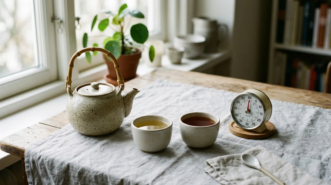 Ceramic teapot and two cups of tea beside a kitchen timer on a linen cloth — bitter tea brewing guide