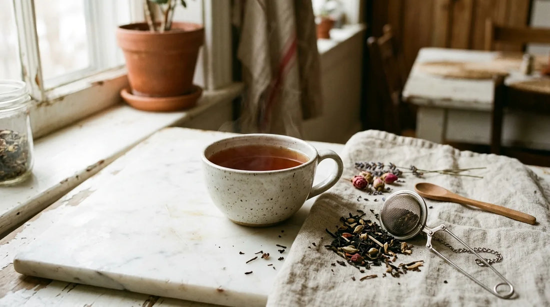 A ceramic teacup of amber black tea on a marble surface with loose-leaf black tea and a silver infuser nearby — illustrating black tea brewing