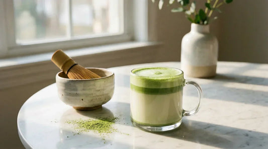 A bright, calm home café scene featuring a layered matcha latte in a glass mug, a ceramic bowl, and a bamboo whisk.