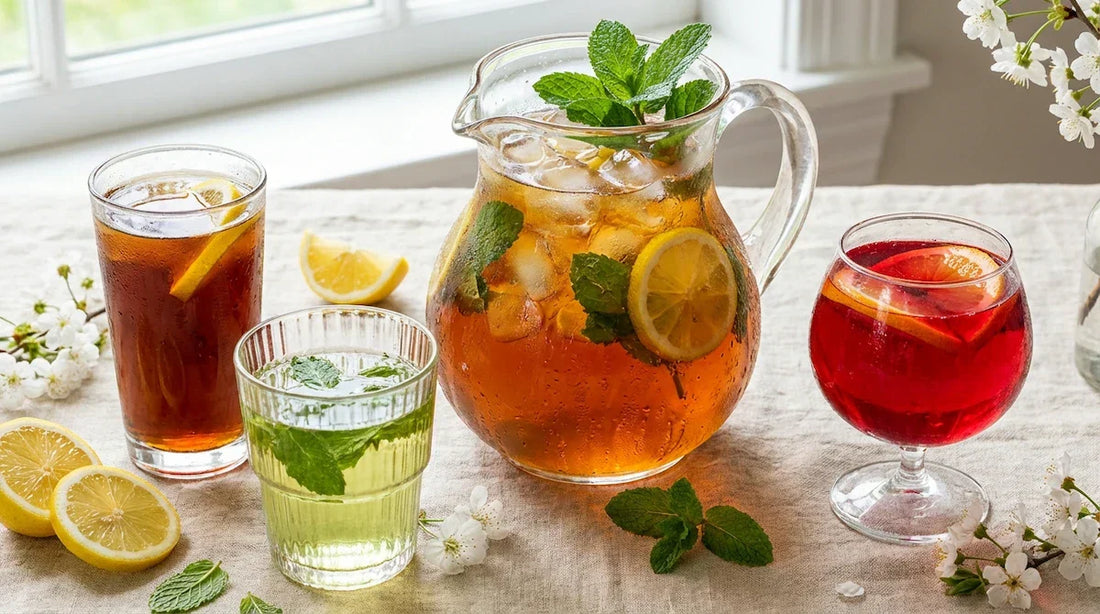 A glass pitcher of iced tea with three glasses showing distinct black, light green, and crimson herbal styles on a sunlit clean table.