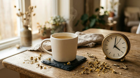 Ceramic mug of chamomile tea beside an analog clock showing 4 p.m. on a dark slate coaster, representing the caffeine cutoff hour before bed