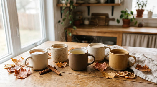 Five ceramic mugs of warm caffeine-free herbal teas arranged on a weathered oak surface with dried autumn leaves and cinnamon sticks