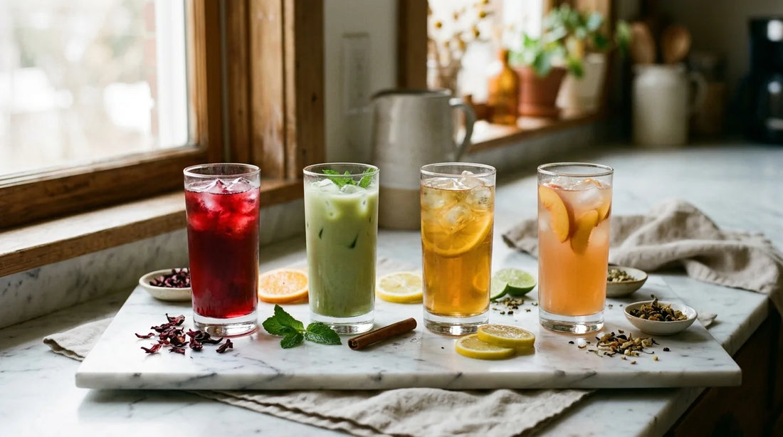 Four tall glasses of caffeine-free iced tea in ruby, green, amber, and peach tones arranged on a marble surface with hibiscus petals, mint, and citrus