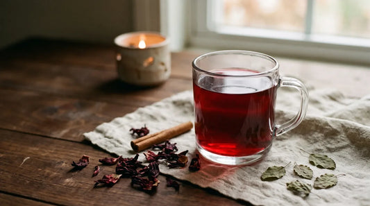 Deep ruby herbal tea in a clear glass mug surrounded by dried hibiscus petals and a cinnamon stick on a dark wood surface with warm candlelight