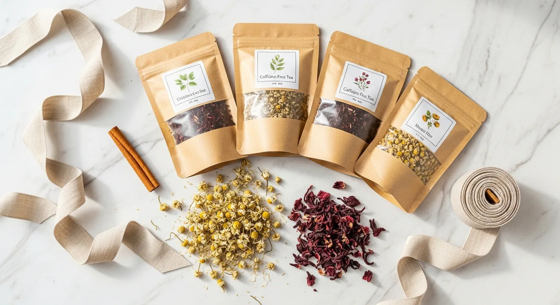 Curated caffeine-free tea gift set with botanical pouches, dried chamomile, hibiscus petals, and cinnamon on a marble surface