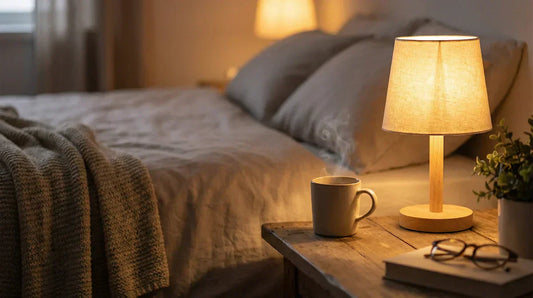 A warm cup of caffeine-free herbal tea on a nightstand in a softly lit, relaxing evening bedroom setting.