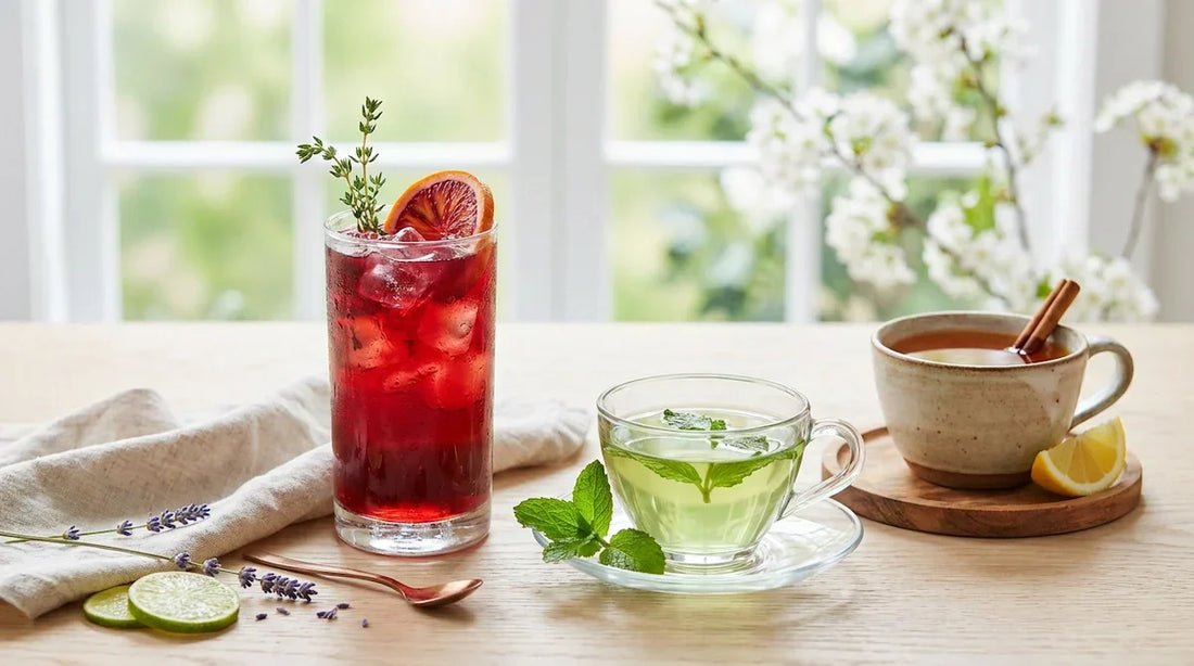 A bright photograph of three caffeine-free teas—deep ruby hibiscus iced tea, clear peppermint tea with fresh mint, and warm amber rooibos tea—arranged on a clean wooden table with spring herbs and citrus accents.