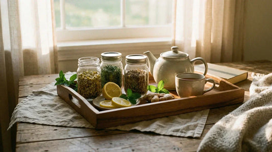 A serene morning scene featuring a wooden tray with a cup of herbal tea, fresh lemon slices, ginger root, and mint leaves, illuminated by soft, gentle sunlight.