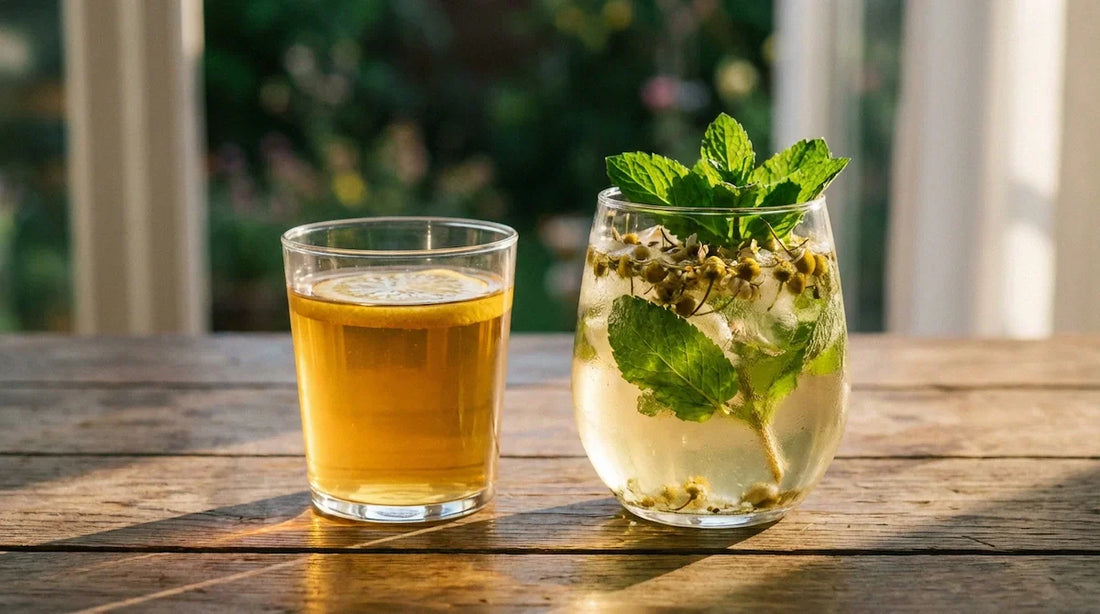 Two glasses of herbal iced tea, one amber and one chamomile-styled, on a softly lit table in subtle evening light.