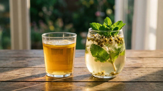 Two glasses of herbal iced tea, one amber and one chamomile-styled, on a softly lit table in subtle evening light.