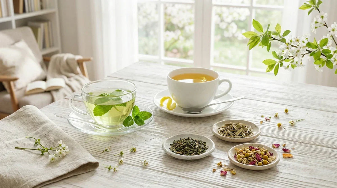 A serene photograph capturing two minimalist teacups and bowls of loose herbal blends on a bright wooden table near a window, conveying calm and reset during an airy spring afternoon.